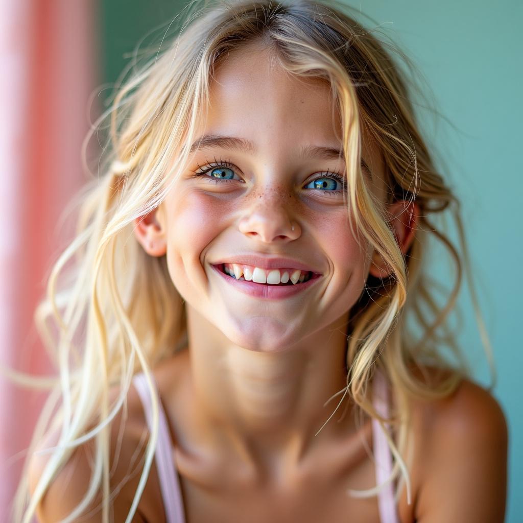 A representation of a Slavic girl with light hair and bright blue eyes, embodying youthfulness