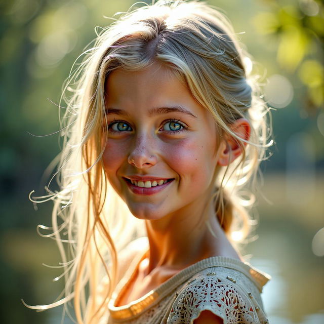 A depiction of a Slavic girl with light-colored hair and striking blue eyes, showcasing her youthful charm