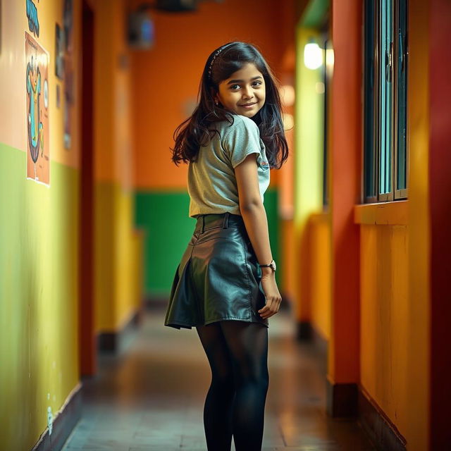 A lively and playful scene featuring a young Indian school girl, aged 16, wearing a stylish leather mini skirt, a trendy t-shirt, and black stockings