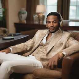 A successful African-American singer wearing lavish clothes and stylish headphones, lounging in his luxurious home