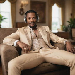 A successful African-American singer wearing lavish clothes and stylish headphones, lounging in his luxurious home