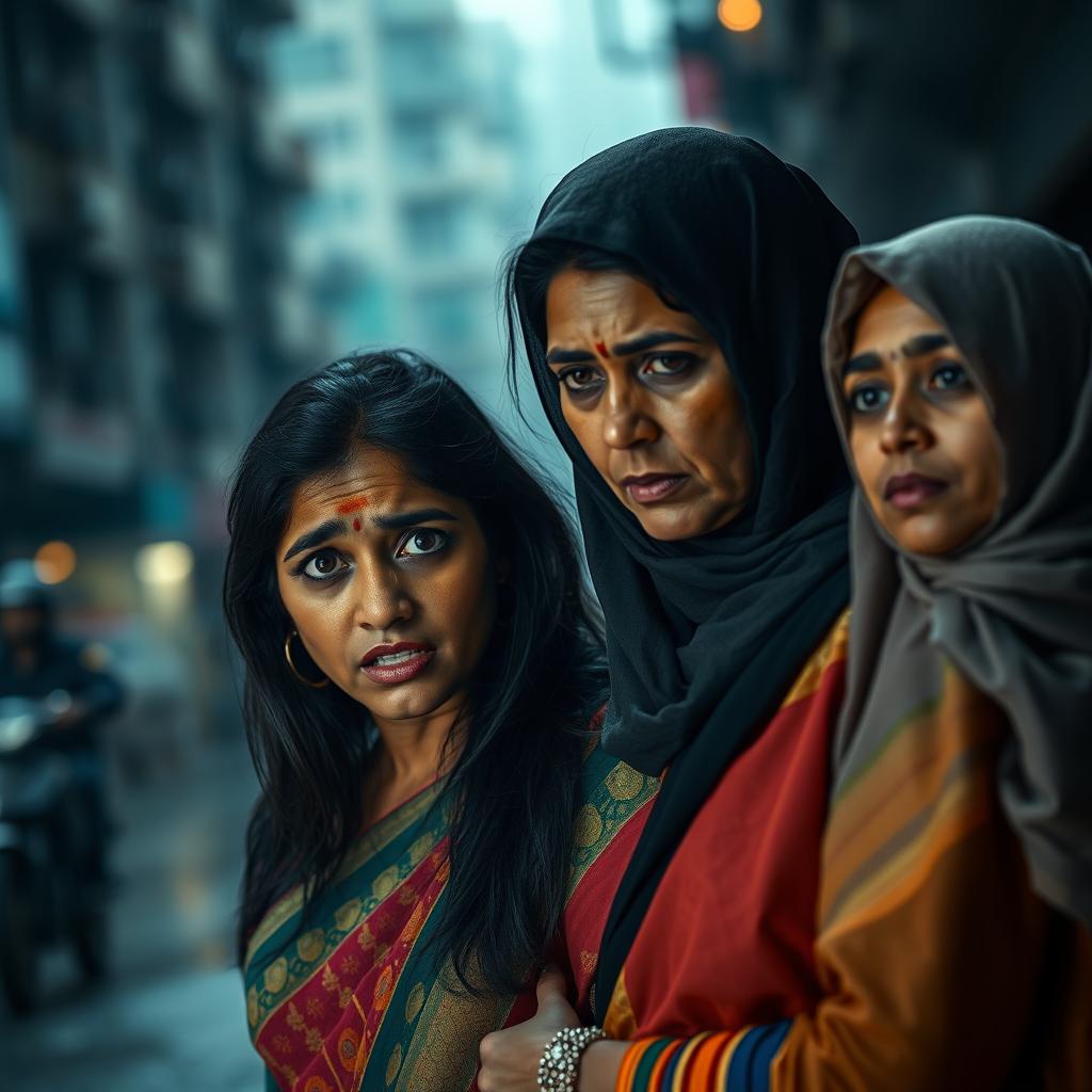 A scared Indian lady wearing a colorful saree, her expression filled with fear and concern, standing next to a Muslim woman dressed in a traditional hijab