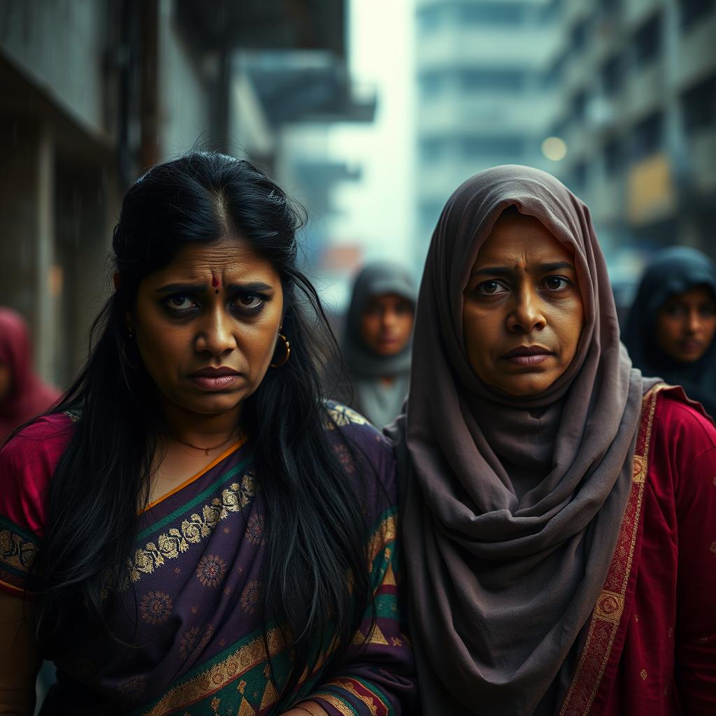 A scared Indian lady wearing a colorful saree, her expression filled with fear and concern, standing next to a Muslim woman dressed in a traditional hijab