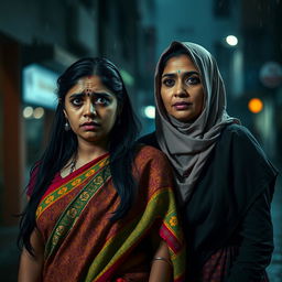 A scared Indian lady wearing a colorful saree, her expression filled with fear and concern, standing next to a Muslim woman dressed in a traditional hijab