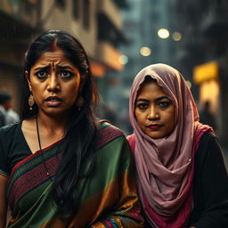 A scared Indian lady wearing a colorful saree, her expression filled with fear and concern, standing next to a Muslim woman dressed in a traditional hijab