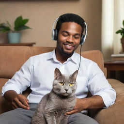 A charismatic African-American singer in vintage attire and headphones, relaxing at home with his gray cat