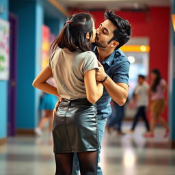 A lively and playful scene featuring a young Indian school girl, aged 16, wearing a stylish leather mini skirt, a trendy t-shirt, and black stockings