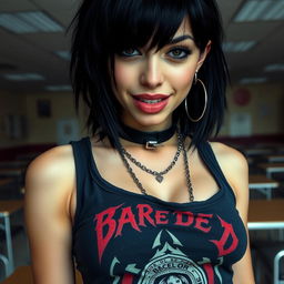 A close-up shot of a gorgeous female with black hair, wearing a tank top featuring a faded colorful band logo