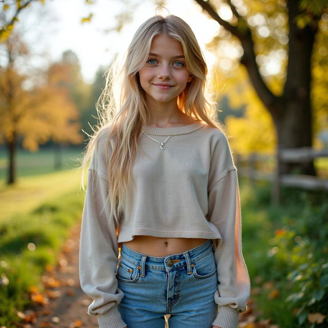 A full-body image of a Slavic teenage girl, featuring light-colored hair and stunning blue eyes