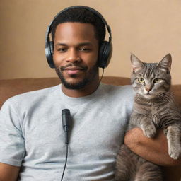 A charismatic African-American singer in vintage attire and headphones, relaxing at home with his gray cat