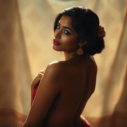 A beautiful Indian woman posed artistically, her skin glowing under soft, natural light