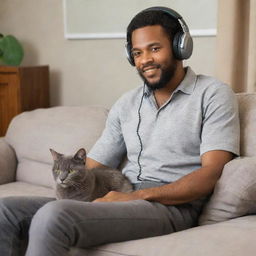 A charismatic African-American singer in vintage attire and headphones, relaxing at home with his gray cat