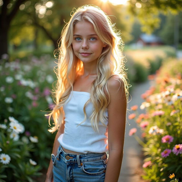 A full-body portrait of a Slavic teenage girl with light blonde hair and striking blue eyes