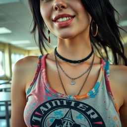 A close-up shot of a gorgeous female with black hair, wearing a faded colorful tank top featuring a band logo