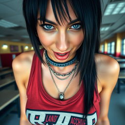 Close-up shot of a gorgeous female with black hair wearing a faded colorful band logo tank top