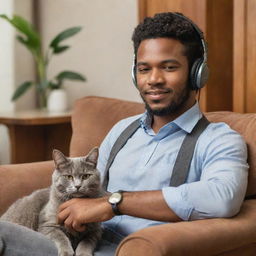 A charismatic African-American singer in vintage attire and headphones, relaxing at home with his gray cat