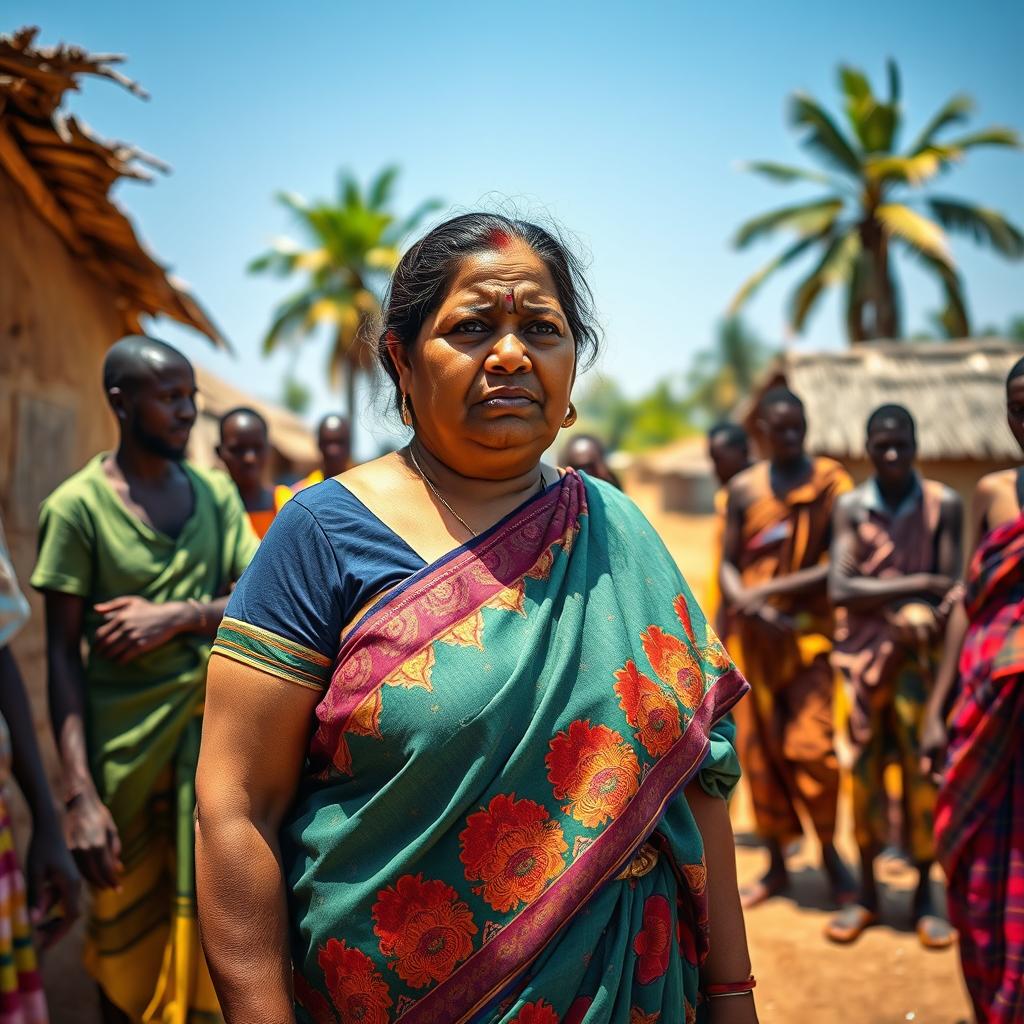 A worried plump Indian lady wearing a vibrant saree, showcasing rich patterns and colors, standing amidst a busy African village scene