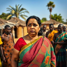 A worried plump Indian lady wearing a vibrant saree, showcasing rich patterns and colors, standing amidst a busy African village scene