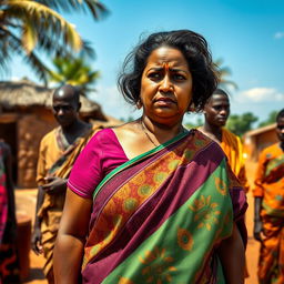 A worried plump Indian lady wearing a vibrant saree, showcasing rich patterns and colors, standing amidst a busy African village scene