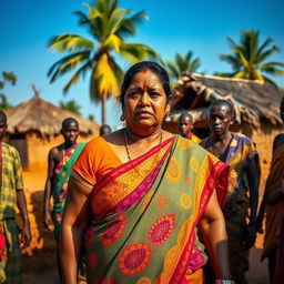 A worried plump Indian lady wearing a vibrant saree, showcasing rich patterns and colors, standing amidst a busy African village scene