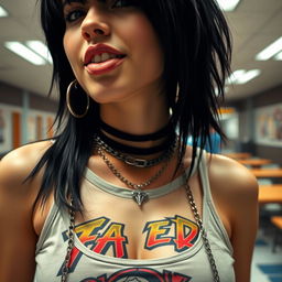 A close-up torso shot of a gorgeous female with striking black hair styled in an edgy look