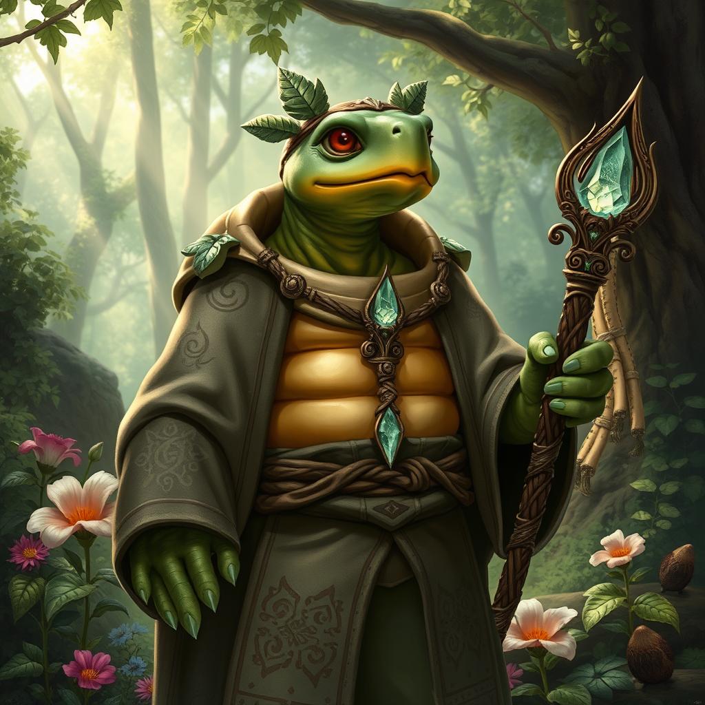 A tortle cleric character, depicted in a fantasy setting, wearing traditional cleric attire with intricate patterns and symbols