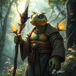 A tortle cleric character, depicted in a fantasy setting, wearing traditional cleric attire with intricate patterns and symbols