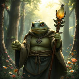 A tortle cleric character, depicted in a fantasy setting, wearing traditional cleric attire with intricate patterns and symbols