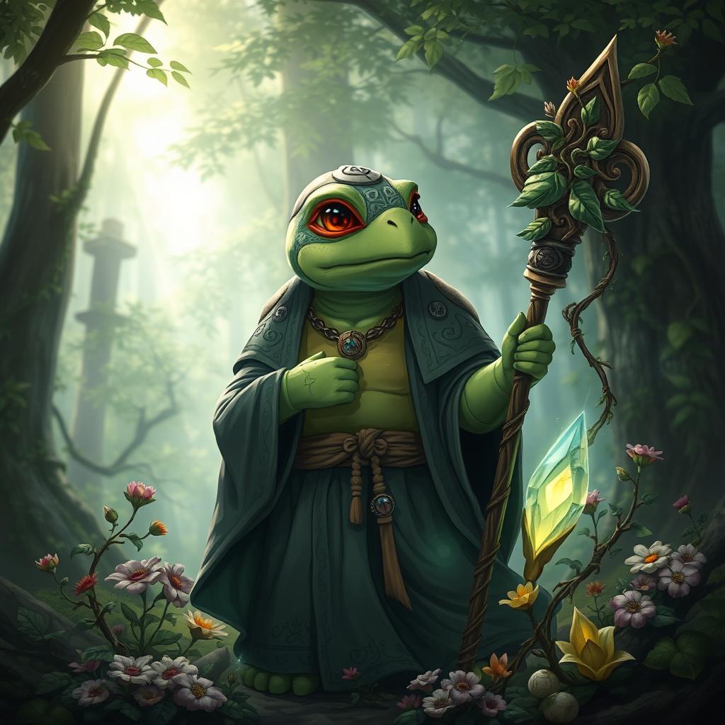 A tortle cleric character, depicted in a fantasy setting, wearing traditional cleric attire with intricate patterns and symbols