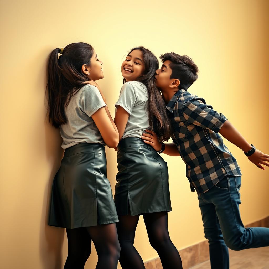 A playful and spirited scene featuring a young Indian school girl, aged 16, wearing a stylish leather mini skirt, a trendy t-shirt, and black stockings