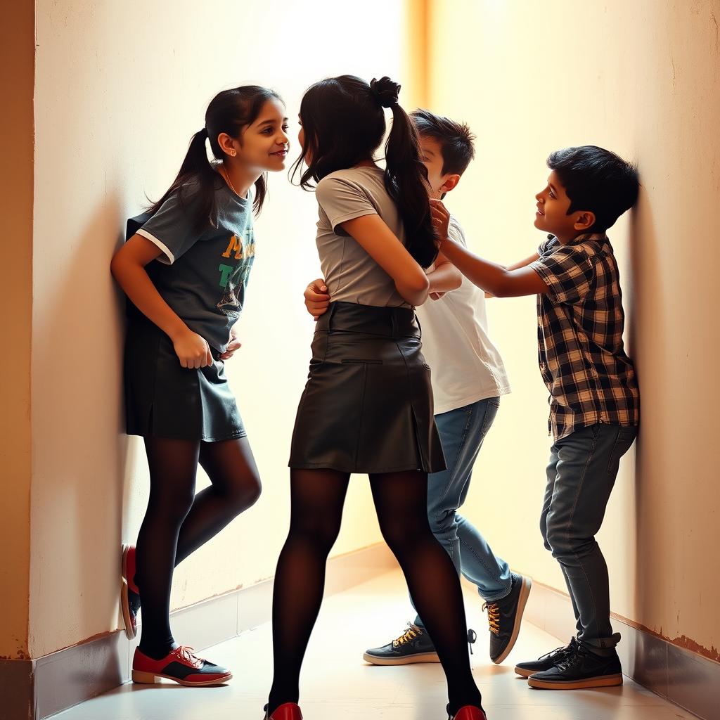 A playful and spirited scene featuring a young Indian school girl, aged 16, wearing a stylish leather mini skirt, a trendy t-shirt, and black stockings