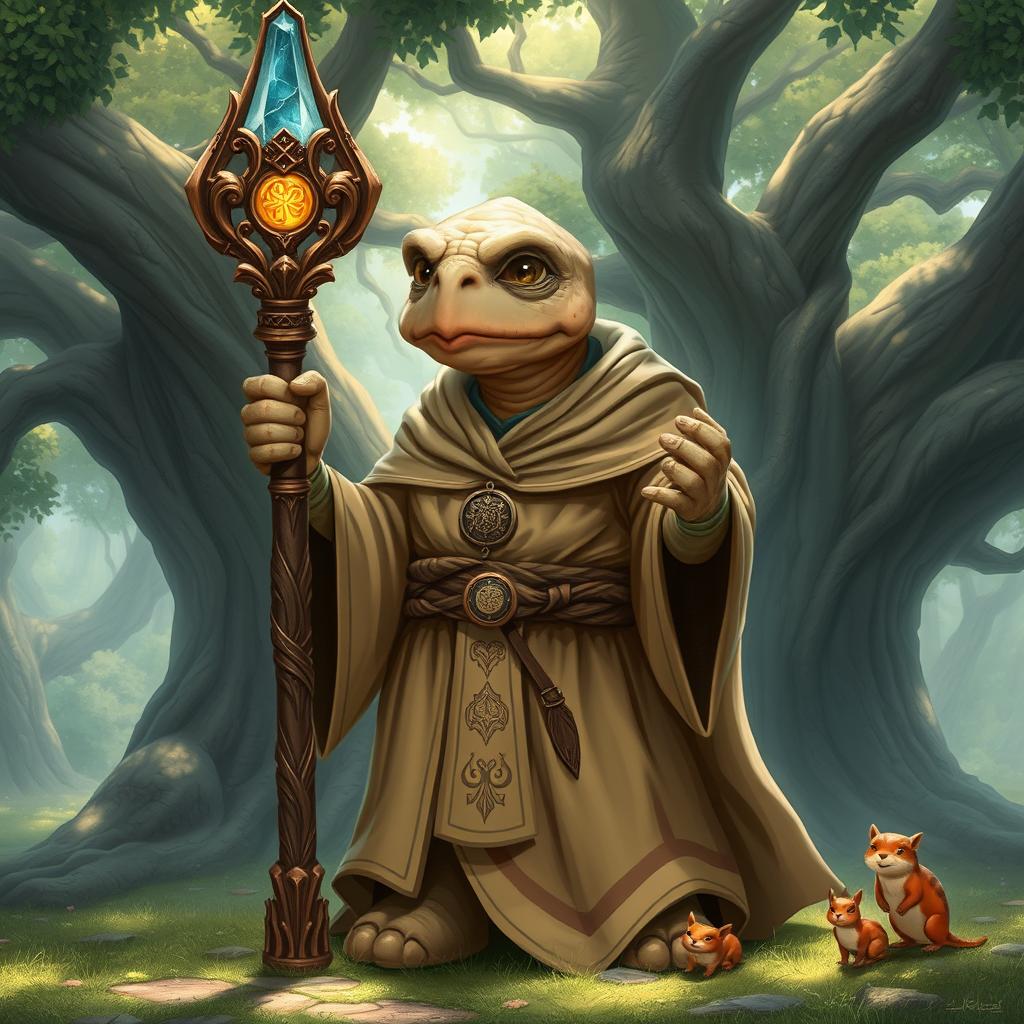 A wise tortle cleric character in a serene fantasy landscape, clad in flowing cleric robes adorned with symbols of wisdom and nature