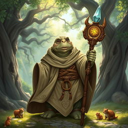 A wise tortle cleric character in a serene fantasy landscape, clad in flowing cleric robes adorned with symbols of wisdom and nature