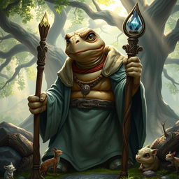 A wise tortle cleric character in a serene fantasy landscape, clad in flowing cleric robes adorned with symbols of wisdom and nature