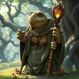 A wise tortle cleric character in a serene fantasy landscape, clad in flowing cleric robes adorned with symbols of wisdom and nature