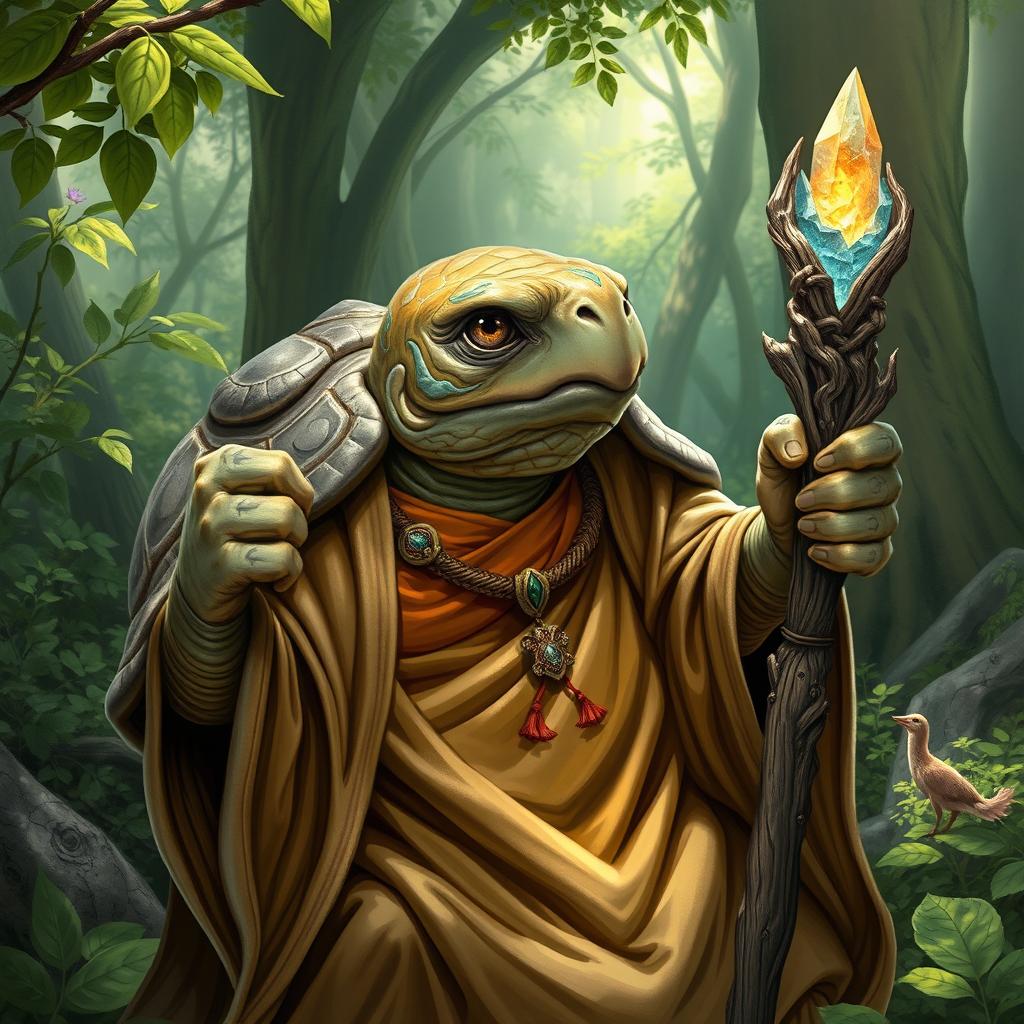 A wise old tortle cleric, portrayed in a serene and enchanting forest setting