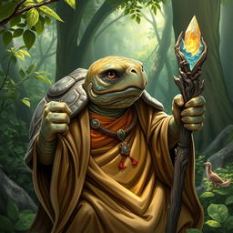 A wise old tortle cleric, portrayed in a serene and enchanting forest setting