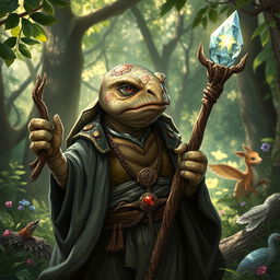 A wise old tortle cleric, portrayed in a serene and enchanting forest setting