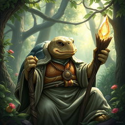 A wise old tortle cleric, portrayed in a serene and enchanting forest setting