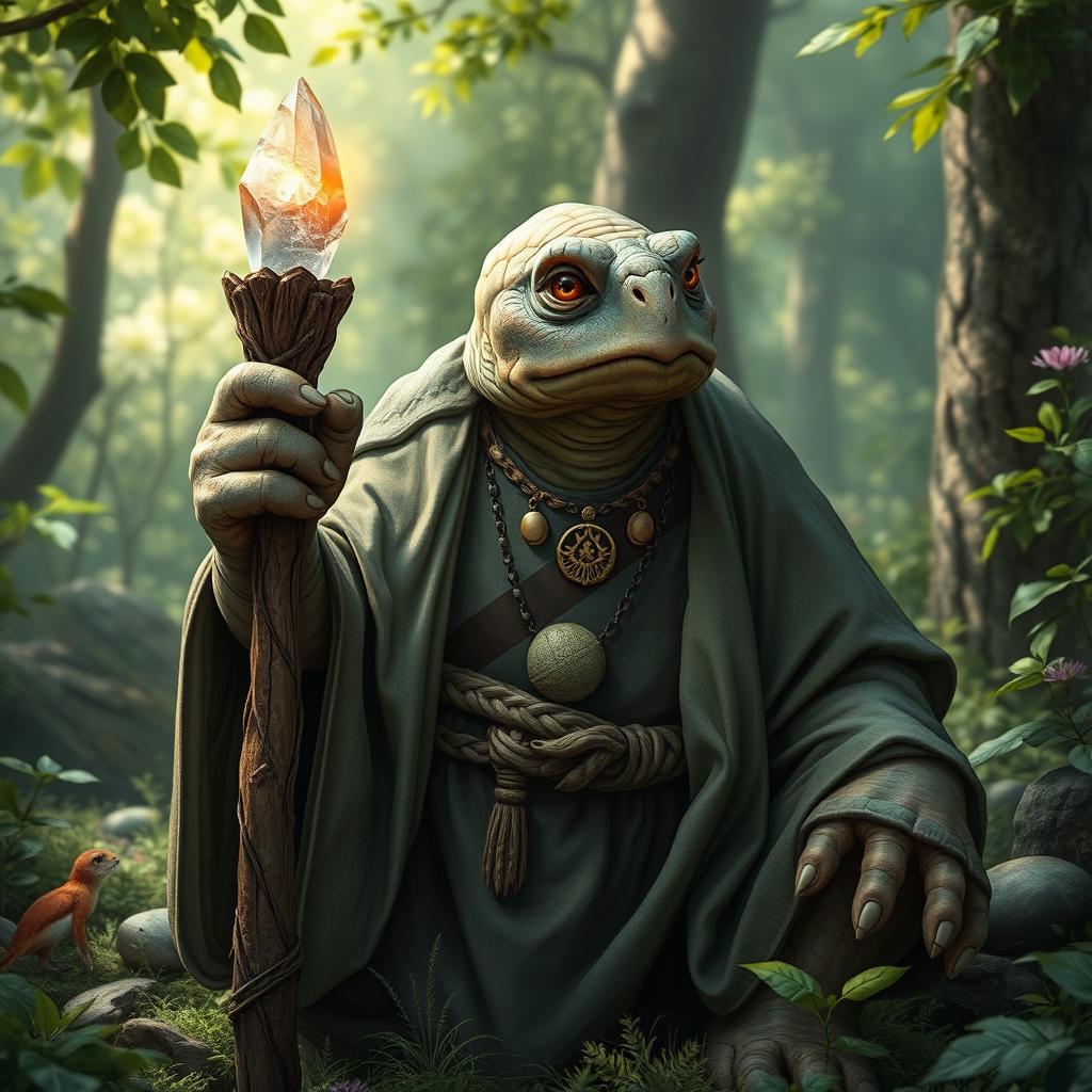 A wise old tortle cleric, portrayed in a serene and enchanting forest setting