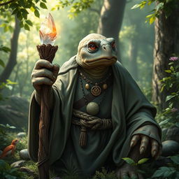 A wise old tortle cleric, portrayed in a serene and enchanting forest setting