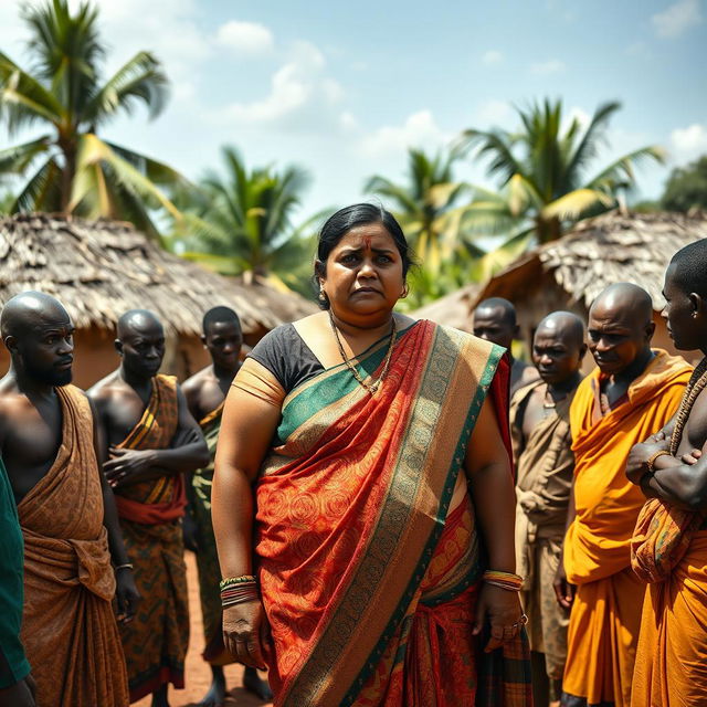 A worried plump Indian woman dressed in a colorful saree, standing in the center of an African village setting