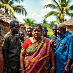 A worried plump Indian woman dressed in a colorful saree, standing in the center of an African village setting