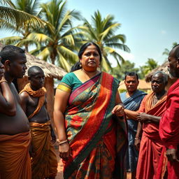 A worried plump Indian woman dressed in a colorful saree, standing in the center of an African village setting