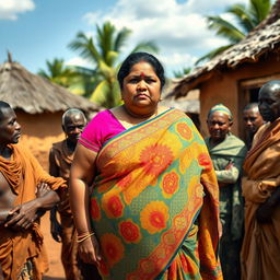 A worried plump Indian woman dressed in a colorful saree, standing in the center of an African village setting