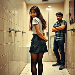 A playful yet respectful scene set in a bathroom featuring a young Indian school girl, aged 16, wearing a stylish leather mini skirt, a trendy t-shirt, and black stockings