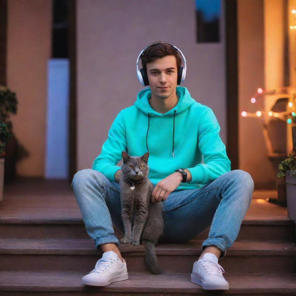 A cool, brunette skater guy wearing headphones and trendy skater clothing, hanging out at his house with his gray cat, surrounded by colorful LED lights