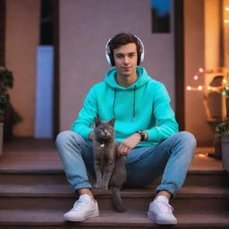 A cool, brunette skater guy wearing headphones and trendy skater clothing, hanging out at his house with his gray cat, surrounded by colorful LED lights