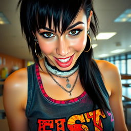 A close-up shot focusing on the torso of a gorgeous female with striking black hair, wearing a faded colorful tank top that prominently features a 'FIST' band logo