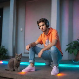 A cool, brunette skater guy wearing headphones and trendy skater clothing, hanging out at his house with his gray cat, surrounded by colorful LED lights